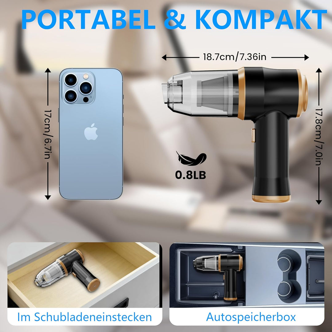 Mini-Auto-Staubsauger 15000 Pa – Tragbarer Kabelloser Handstaubsauger und Luftbläser mit 2 Filtern f