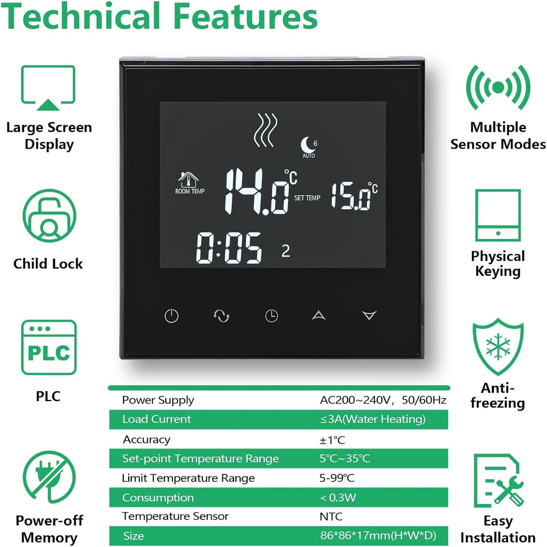 Wengart Home Thermostat WG03-4, AC230V Max16A Programmierbares Touchscreen LCD-Display Arbeit für el
