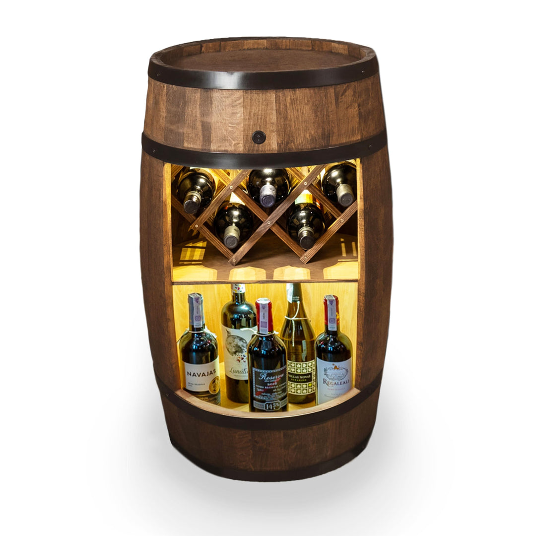 CREATIVE COOPER Fass bar mit Weinhalter - Weinregal LED - Holzfass Hausbar 80x50cm - Rustikaler deko