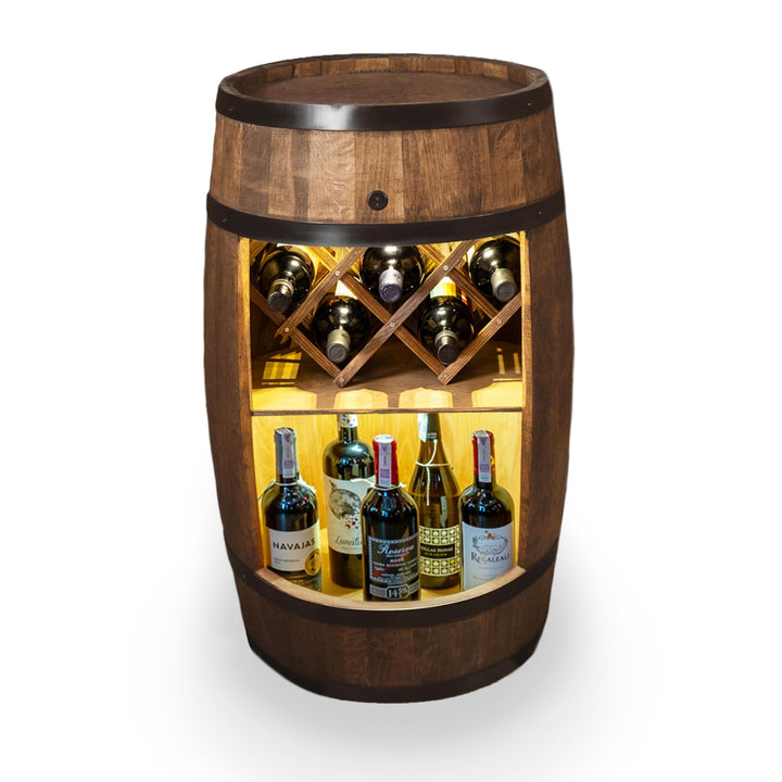 CREATIVE COOPER Fass bar mit Weinhalter - Weinregal LED - Holzfass Hausbar 80x50cm - Rustikaler deko