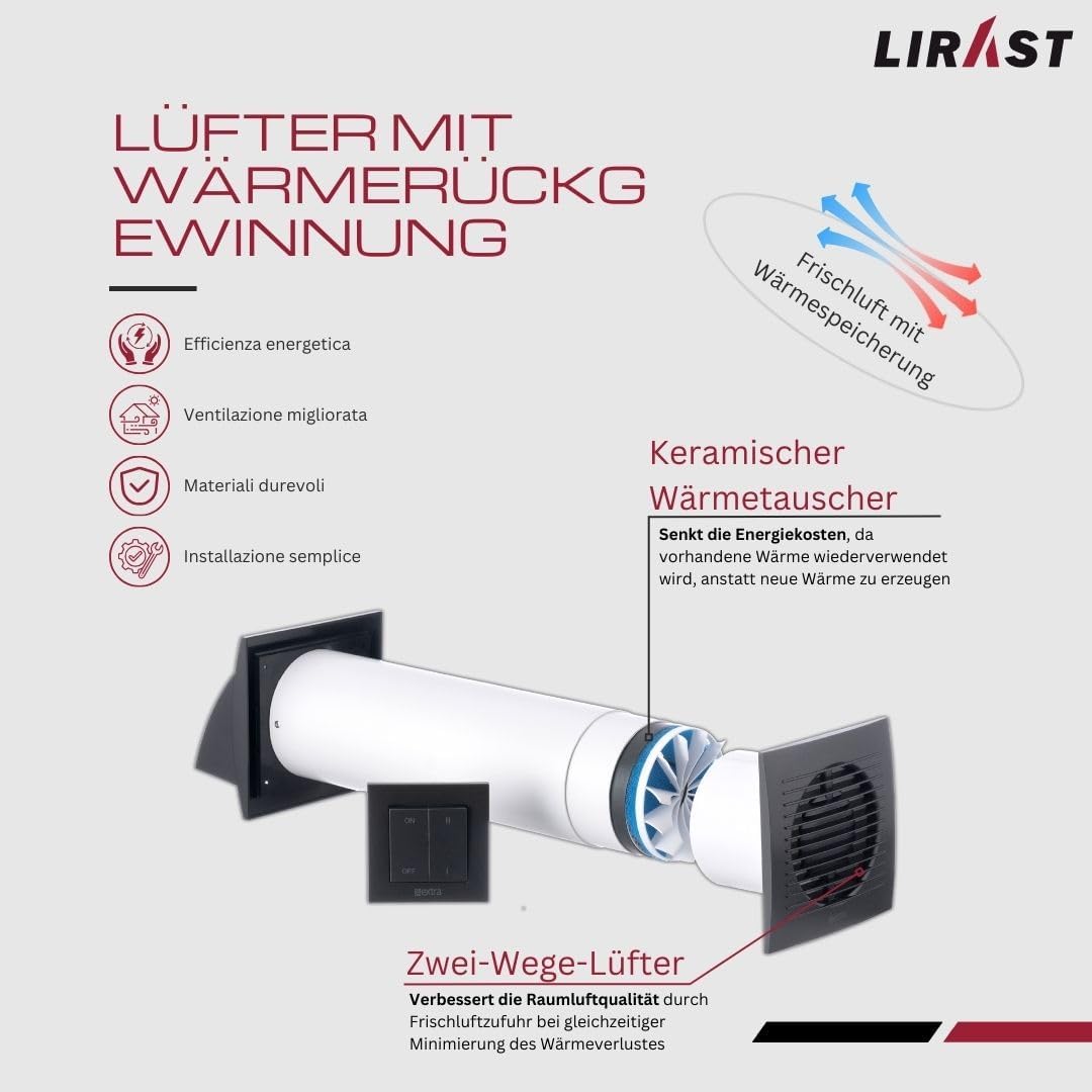 LIRAST 100mm Dezentrale Lüftungsanlage mit Wärmerückgewinnung - Wandlüfter mit Schalter - Lüftung mi