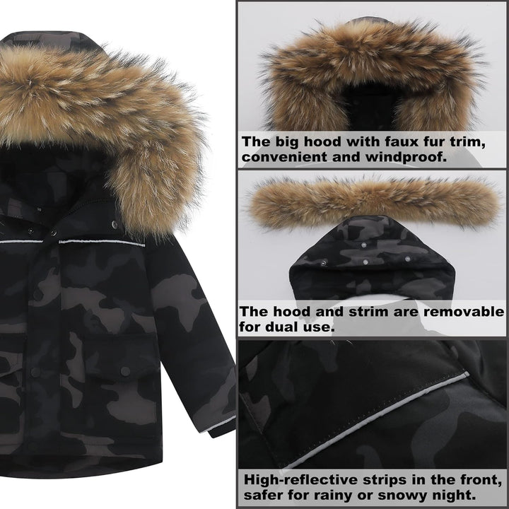 Kinder Skianzüge 2 Stück Schneeanzug - Daunenjacke mit Künstliches Fell Kaputze + Schneelatzhose, Wi