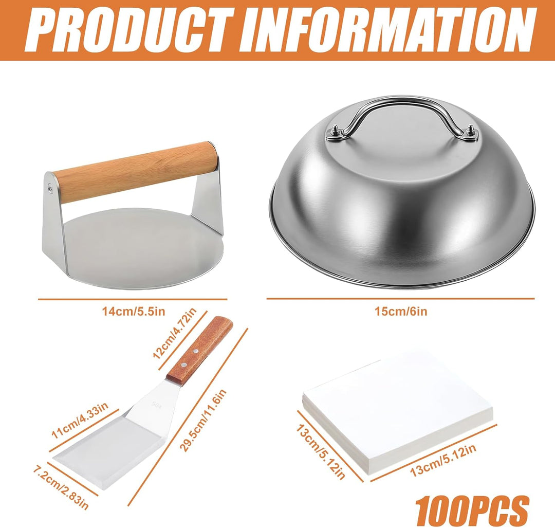 Smash Burger Set, 3-Teilig Burgerpresse Set inkl.5,5 Zoll Round Smash Burger Press & Burgerglocke &