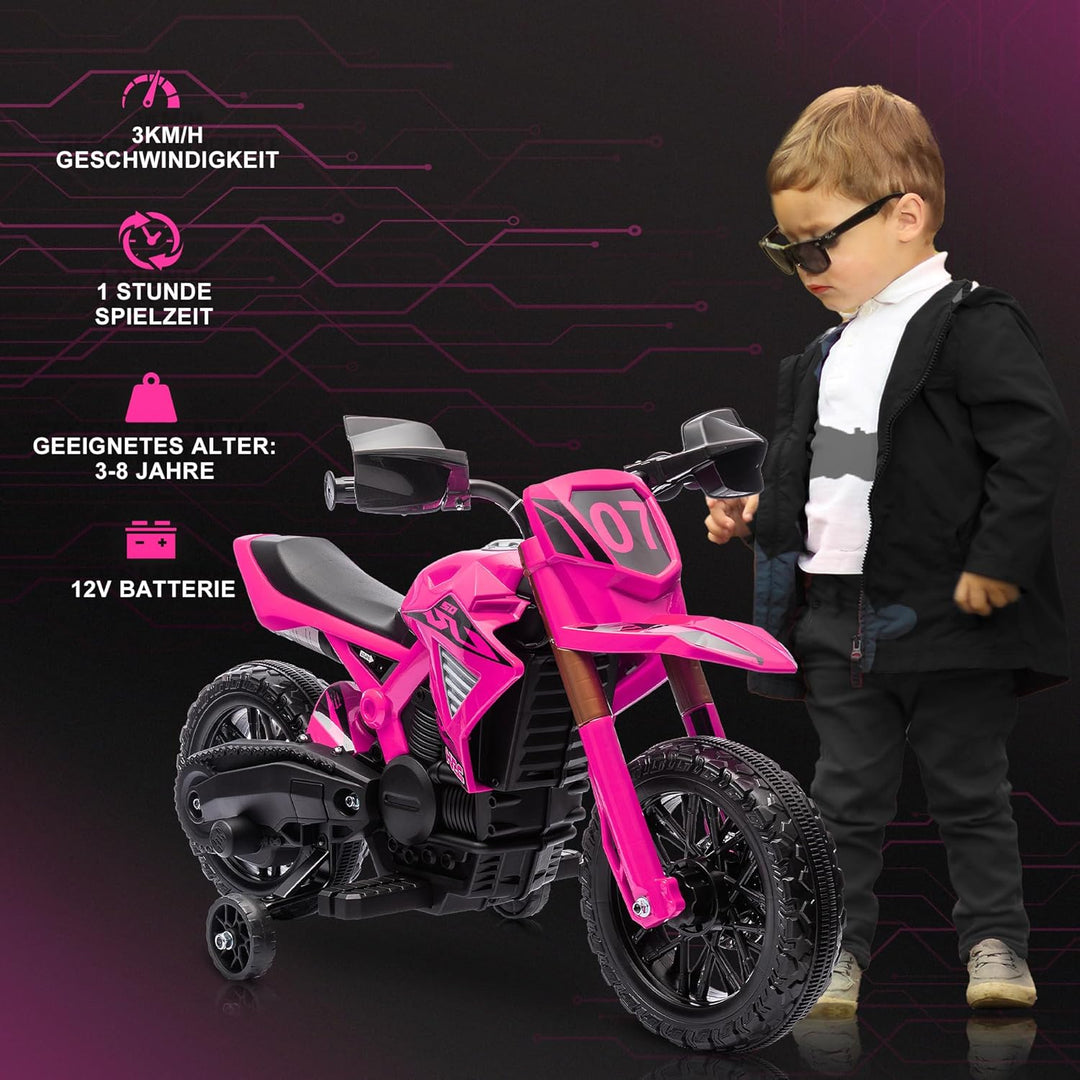 AIYAPLAY Elektro Kindermotorrad Elektromotorrad mit Hupe, Kinder 3 km/h Elektro Motorrad mit 2 Stütz