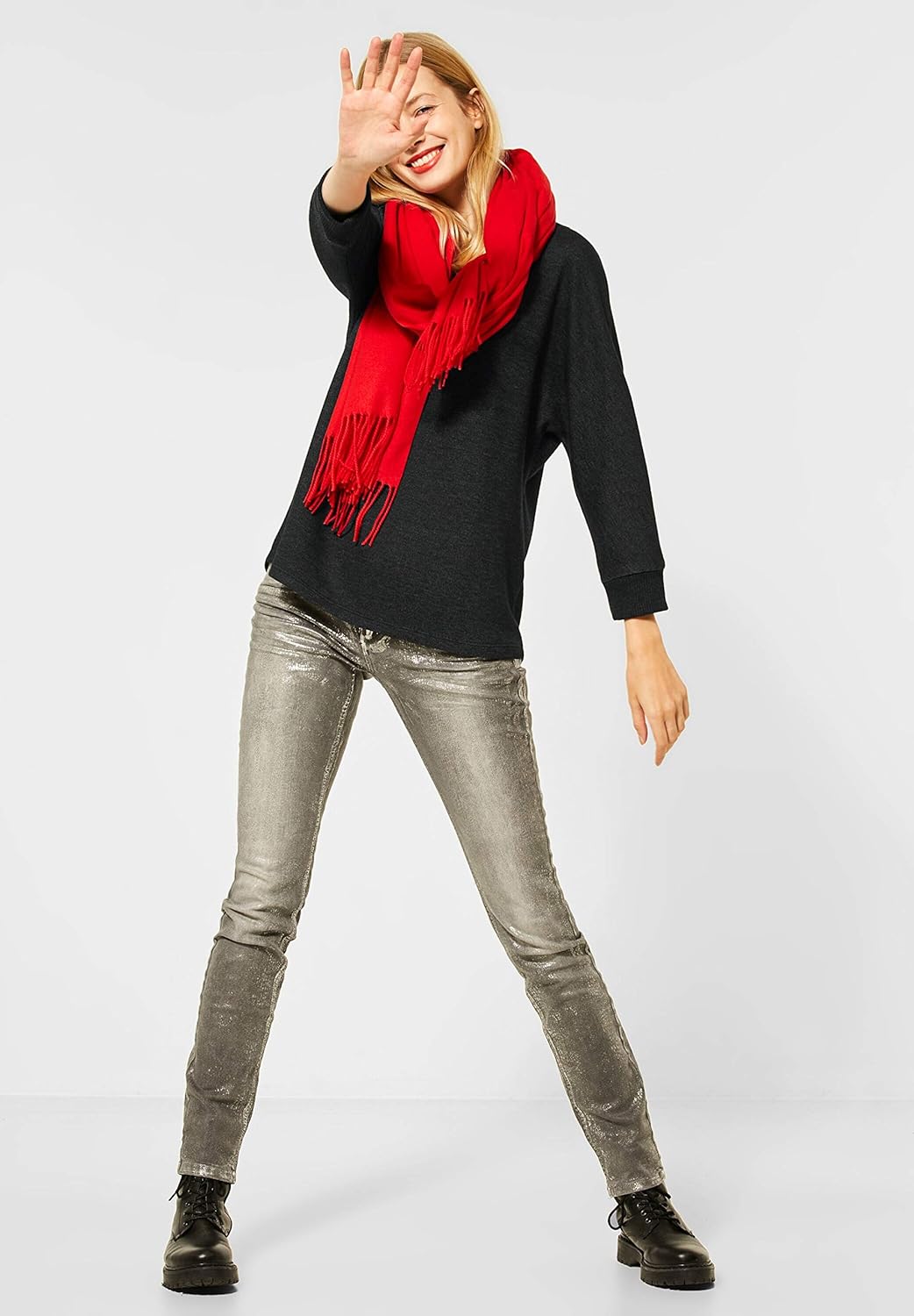 Street One Damen Shirt mit V-Ausschnitt Anthracite Melange 38 Spitzem Ausschnitt, 3/4-Arm, überschni