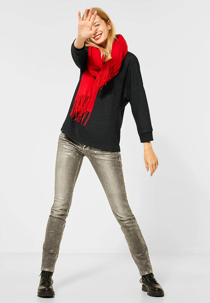 Street One Damen Shirt mit V-Ausschnitt Anthracite Melange 38 Spitzem Ausschnitt, 3/4-Arm, überschni