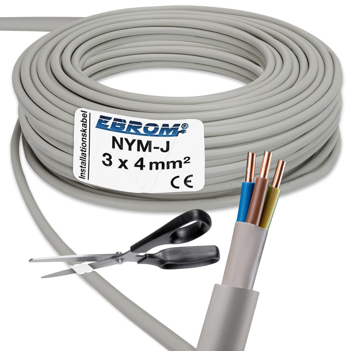 EBROM NYM-J 3x4 mm² Mantelleitung Installationskabel grau - Länge: 50 m | 1 bis 80 Meter, Installati