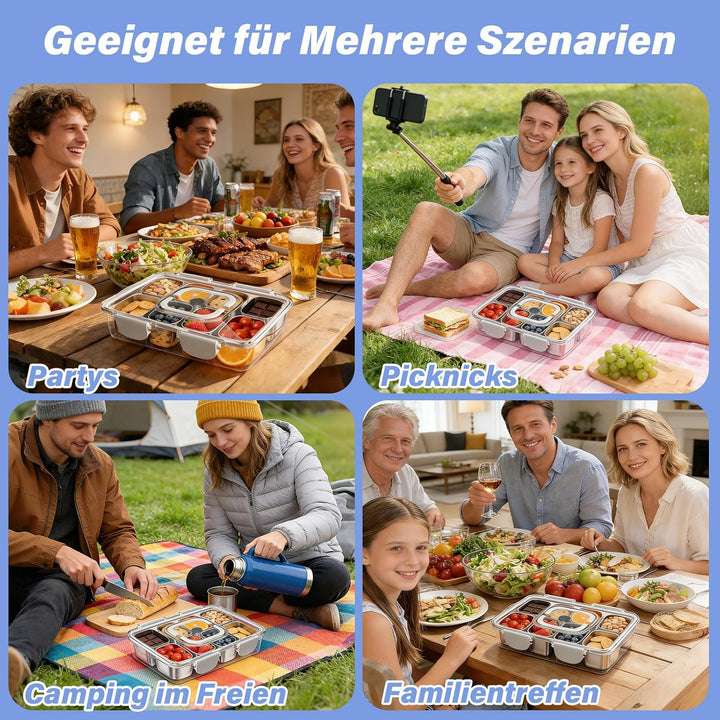 Snackbox Edelstahl mit 8 Fächern, 2 Stück Tragbar & Auslaufsicher Snackteller mit Deckel für Snacks,