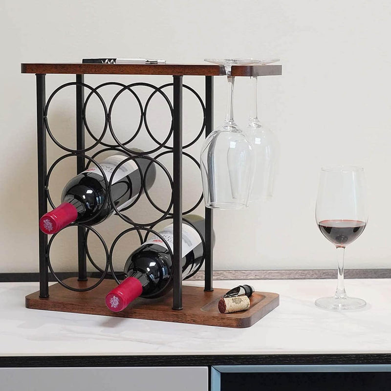Weinregal mit Glashalter, Tisch-Weinhalter mit Tablett, Freistehendes Weinregal aus Holz, perfekt fü