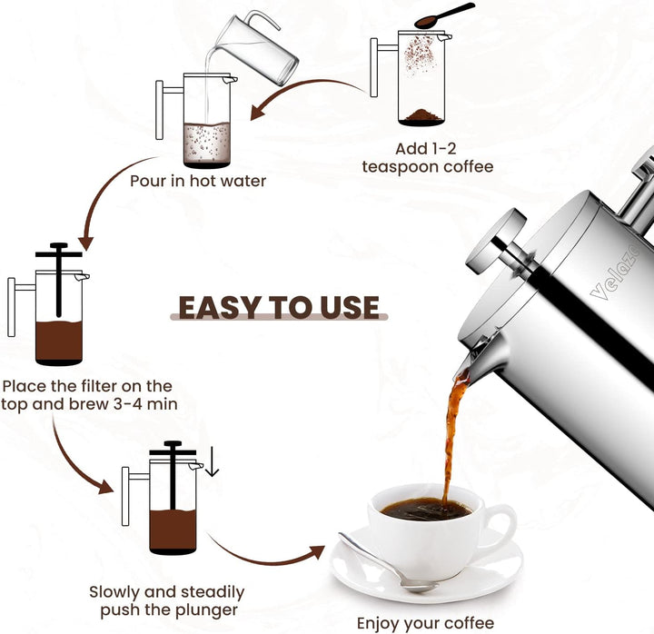 Velaze French Press Edelstahl Kaffeebereiter, 350ML Kaffeezubereiter für 2-3 Tassen, Doppelwandige F