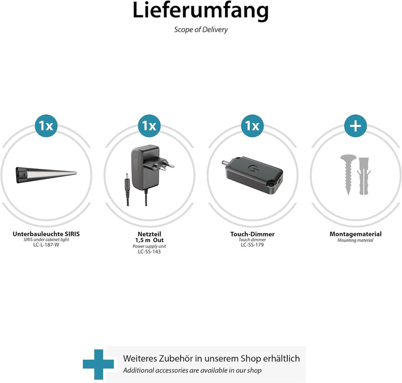 ledscom.de LED Unterbau-Leuchte SIRIS schwarz matt mit Netzteil und Touch-Dimmer, flach, 90cm, 1044l