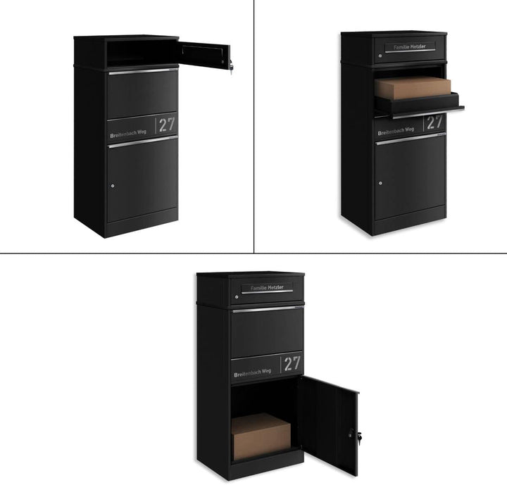 Metzler Paketbox draussen gross in Schwarz RAL9005 - Briefkasten mit Paketfach personalisiert mit Gr