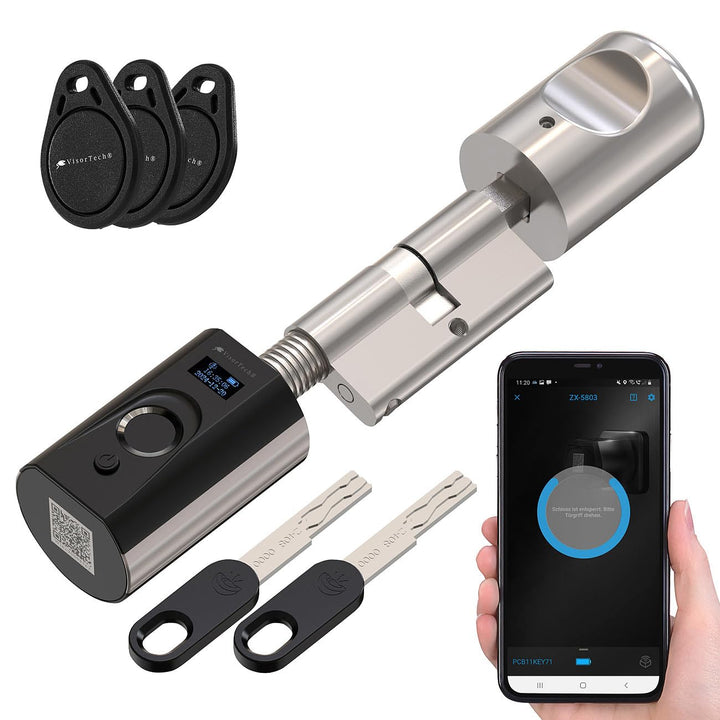 VisorTech Türschloss: Elektronischer Tür-Schliesszylinder mit Fingerabdruck, Transponder, App (Türsc