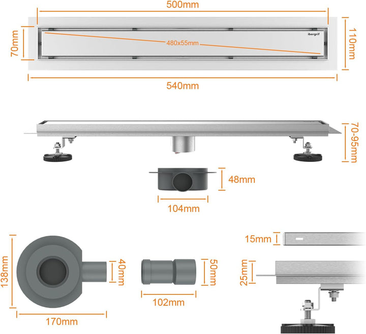Ibergrif Edelstahl Duschrinne 50 cm Komplettset, Bodenablauf, Siphon mit Geruchsstop, Haarsieb, Befl