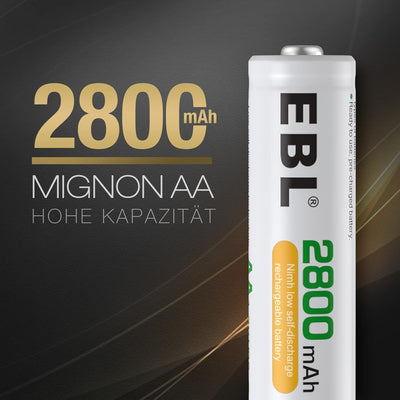 EBL Akku AA Mignon 2800mAh 16 Stück - wiederaufladbare Batterien AA, hohe Ladezyklen, geringe Selbst