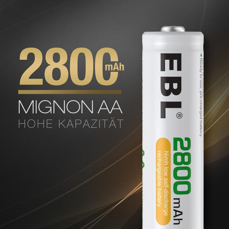 EBL Akku AA Mignon 2800mAh 16 Stück - wiederaufladbare Batterien AA, hohe Ladezyklen, geringe Selbst