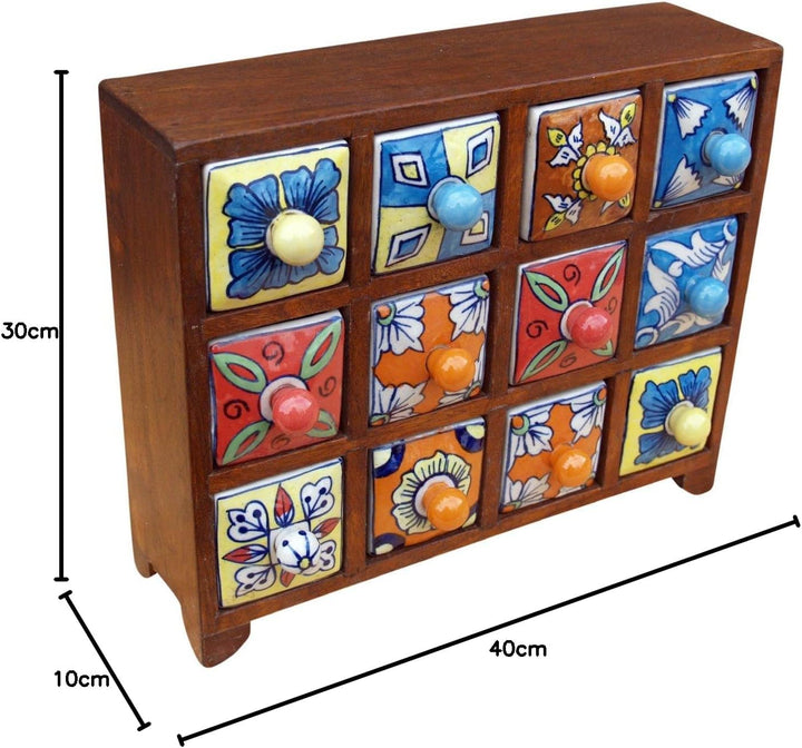 GURU SHOP Apothekerschränkchen mit Bunten Keramik Schubfächern, Gewürzkiste - 4x3 Fächer Modell 1, 2