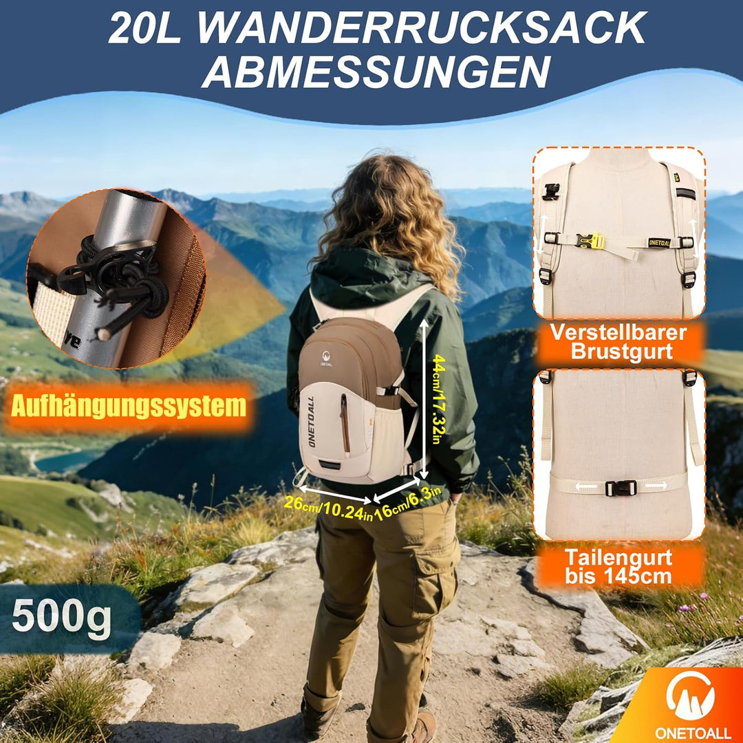 Diebstahlsicherer Wanderrucksack Damen 20L, Leichter Tagesrucksack Herren Klein, Wasserdichter Fahrr
