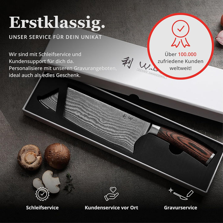 Wakoli EDIB Chai Dao Kochmesser mit Gravur – Personalisiertes Messer, 19cm Klinge aus 67 Lagen Damas