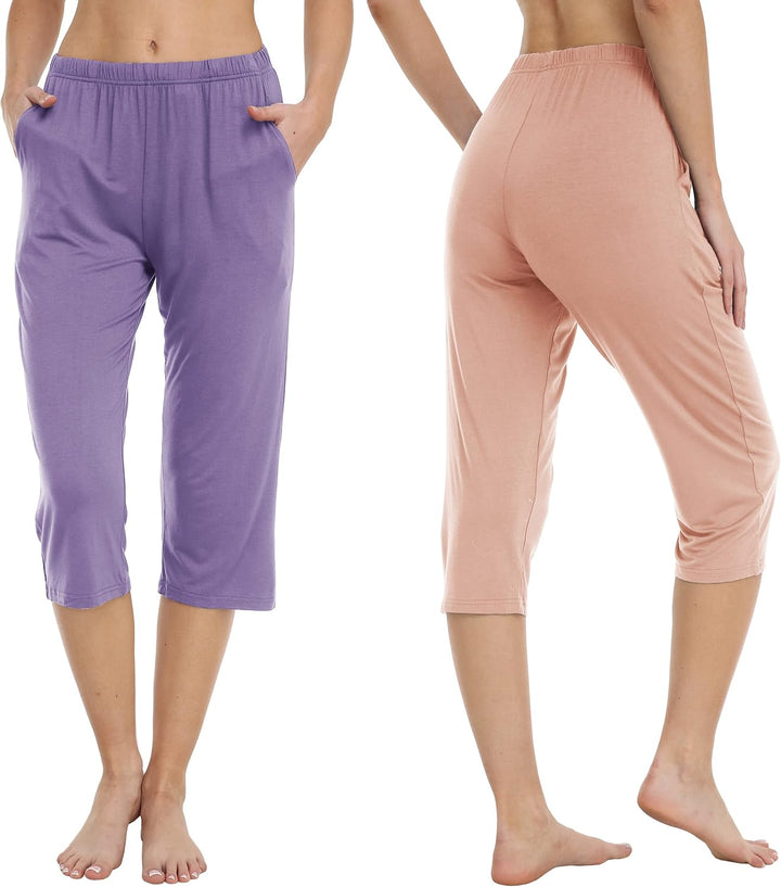 MoFiz Damen Schlafanzughose 3/4 Lang Schlafhose Modal Nachtwäsche Weich Pyjamahose Freizeithose mit