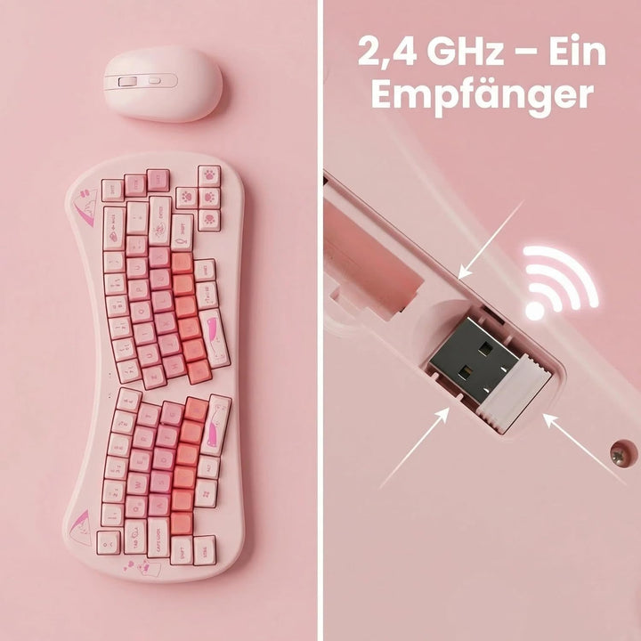 Rii Tastatur und Maus Set Katzenohren-Design, Kabellos 2,4GHz, Pastell Rosa, Kompaktes Schreibgerät