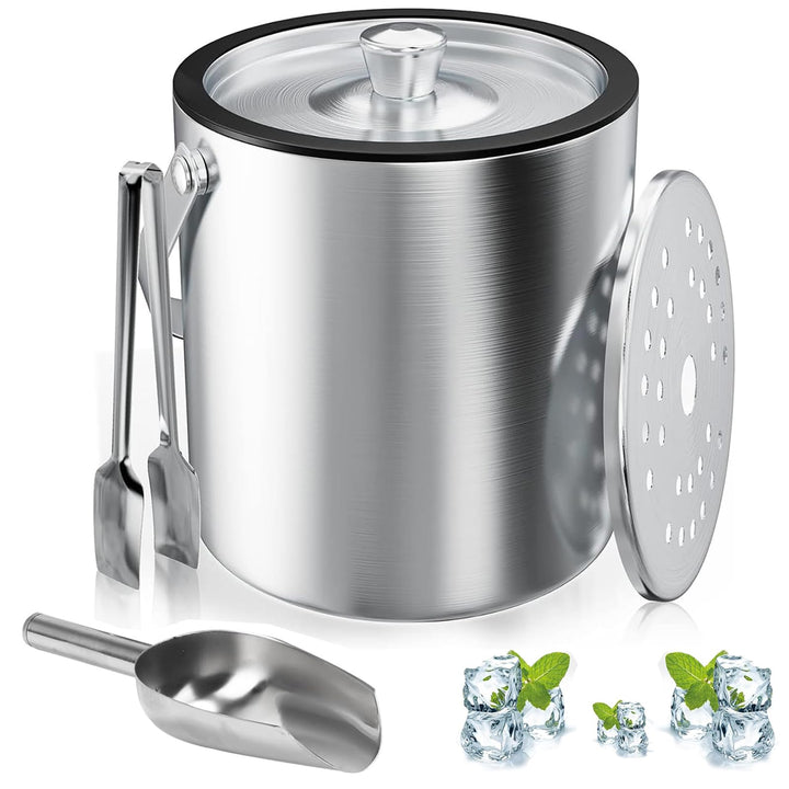 Eiswürfelbehälter, Eisbehälter rund mit Sieb und Eiszange, 2L Eiswürfelbehälte, Edelstahl Eisbehälte