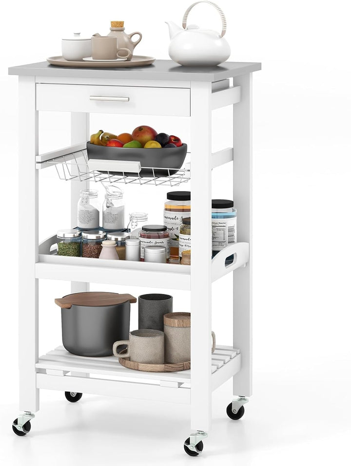 KOMFOTTEU Servierwagen mit Edelstahl Arbeitsplatte, Küchenwagen Klein, Rollwagen mit Schublade & Abl