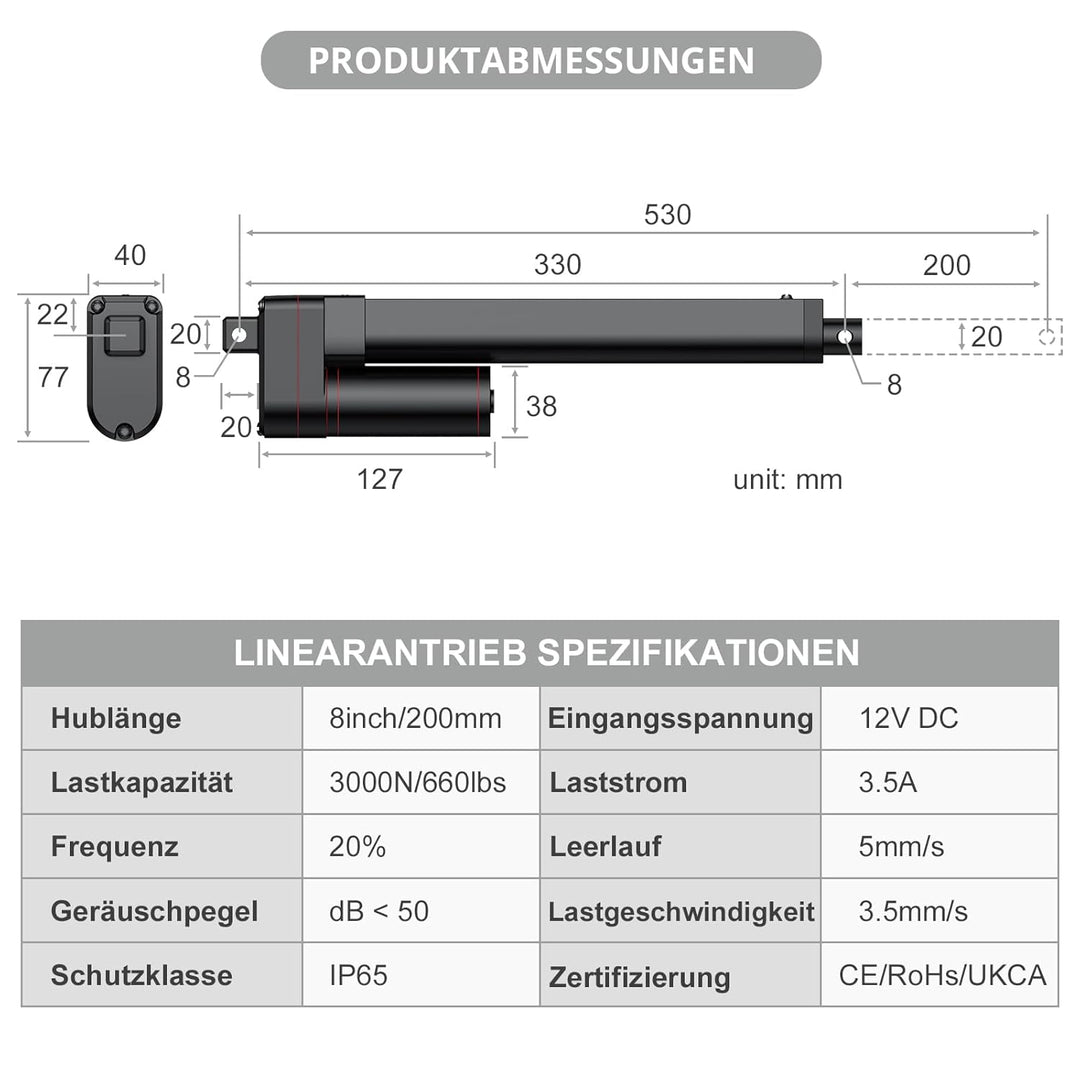 Justech 3000N 200mm Hub max Linearantrieb Linearmotor Verstellantrieb Toröffner Linear Actuator Moto
