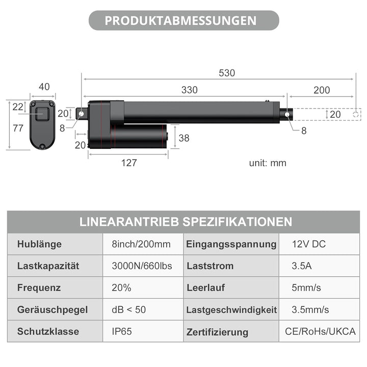 Justech 3000N 200mm Hub max Linearantrieb Linearmotor Verstellantrieb Toröffner Linear Actuator Moto
