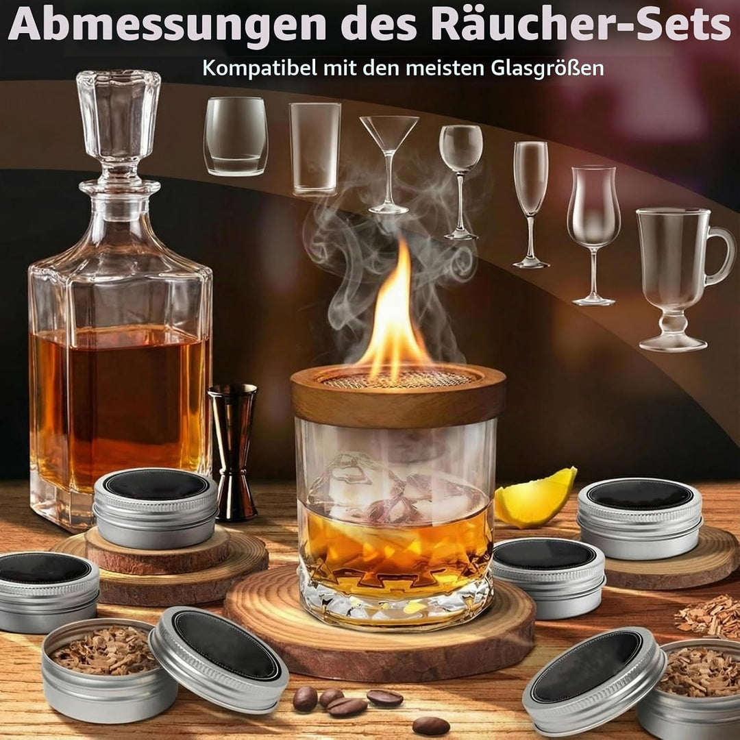 Cocktail Räucher-Set – Whisky Räuchersystem mit 8 Holzsorten &amp; Zubehör – Flygragon Professioneller S
