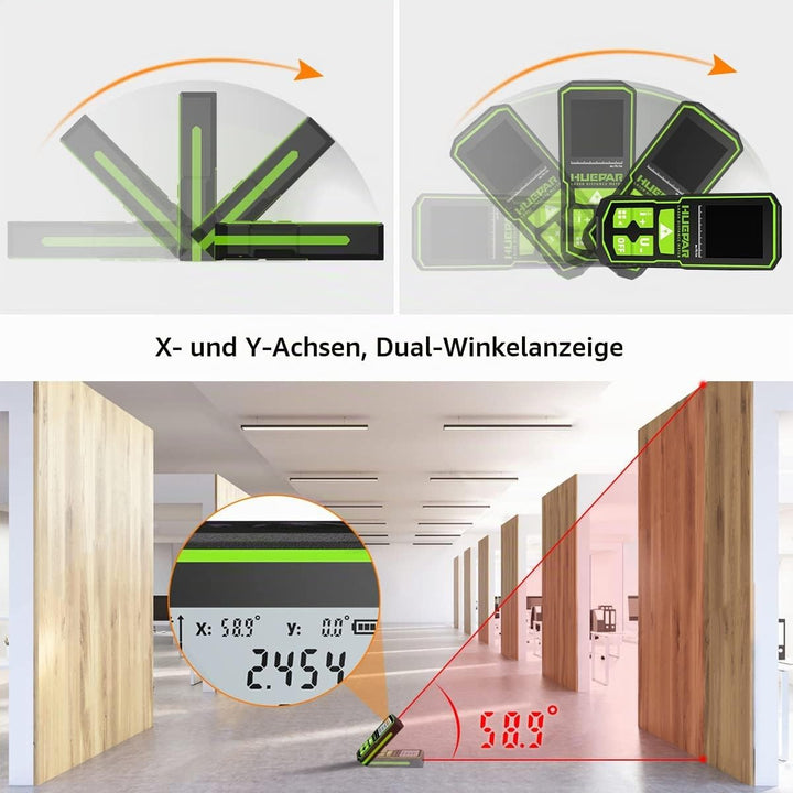 Huepar Laserdistometer 393Ft(120M) mit wiederaufladbaren Akku und Doppelwinkel–Display, Lasermessung