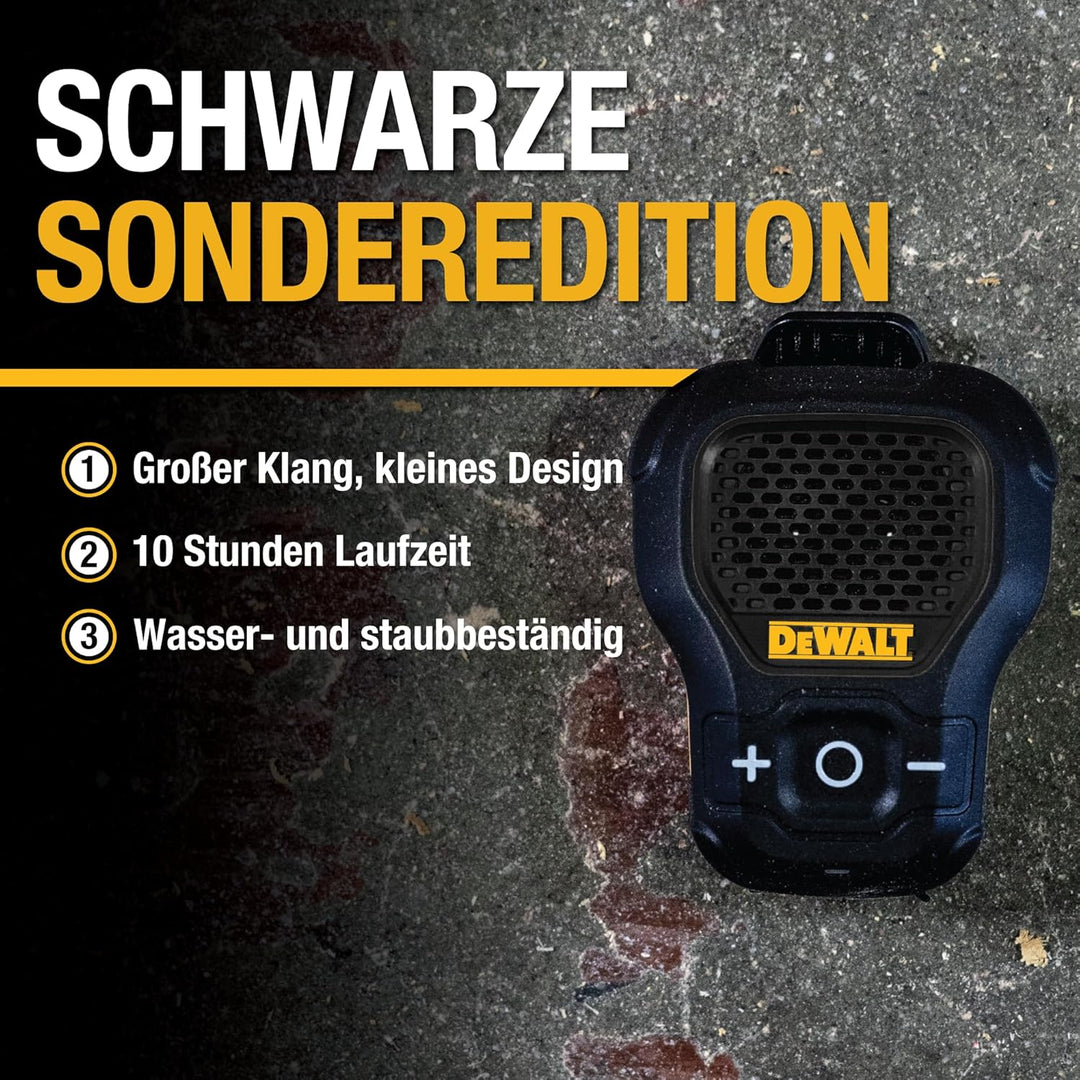 DEWALT Wearable Bluetooth Lautsprecher Onyx Edition – Clip-On Magnetischer Mini-Lautsprecher, IP56 W