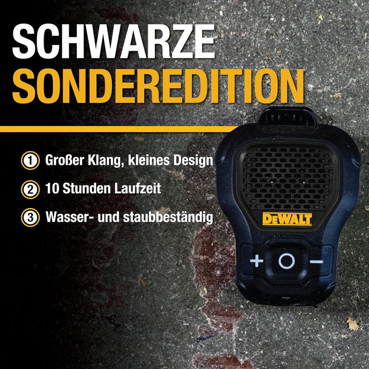 DEWALT Wearable Bluetooth Lautsprecher Onyx Edition – Clip-On Magnetischer Mini-Lautsprecher, IP56 W