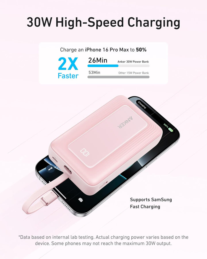 Anker Power Bank, Powerbank 20000mAh 30W mit integriertem USB-C Kabel, High-Speed portables Ladegerä