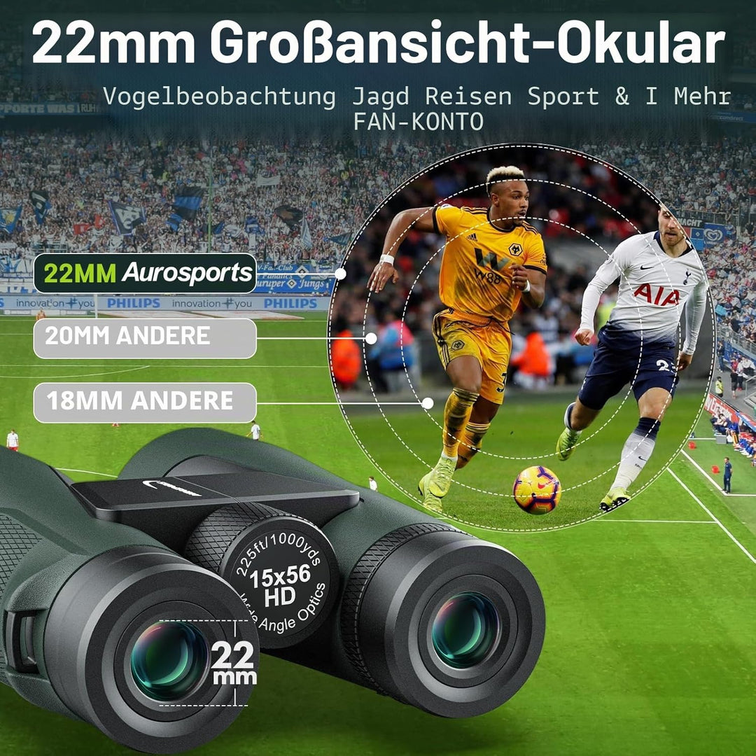 15x56 HD Fernglas Erwachsene - Aurosports Large View Fernglas mit klaren Low Light Vision - Leichtge