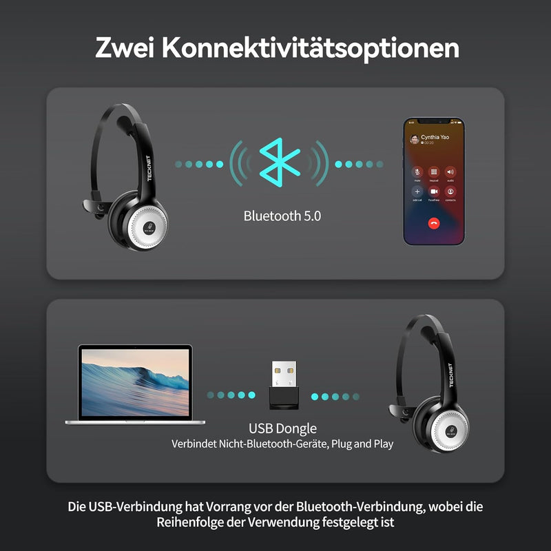 TECKNET Bluetooth Headset mit Mikrofon, PC Headset mit AI Rauschunterdrückung, kabelloses Headset mi