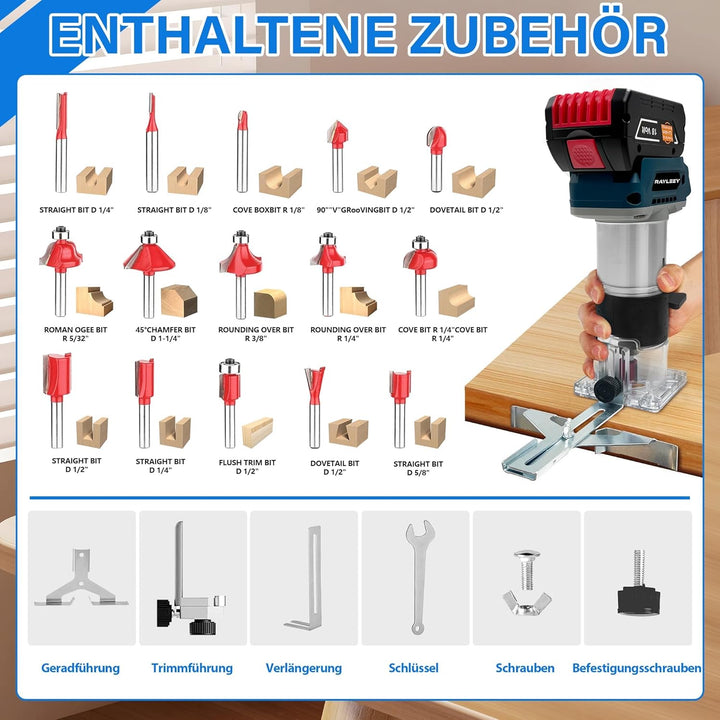 Akku Oberfräse für Bosch 18V Akku, 800W Akku-Kantenfräse Set mit 6 Geschwindigkeit, 30000 U/min Bürs
