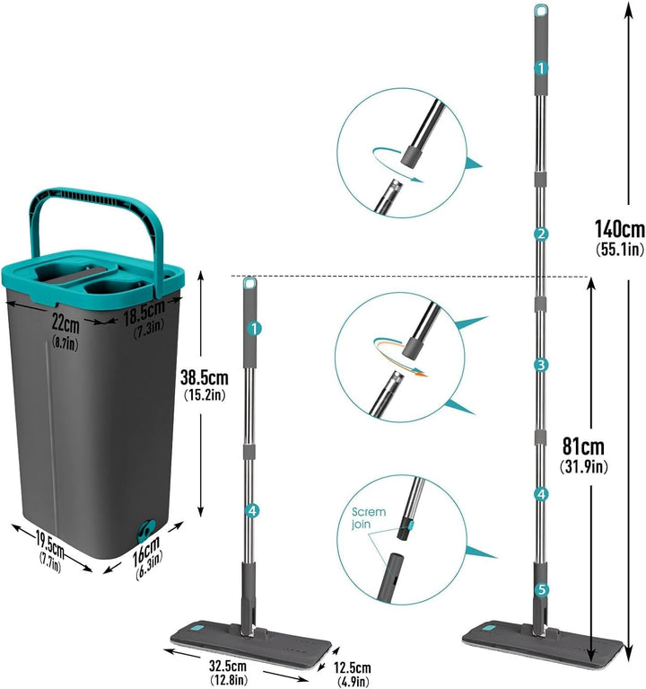 Masthome Wischmopp und Eimer Set, Flacher Bodenwischer mit 6 Mikrofaser-Wischpads und 148 cm Edelsta