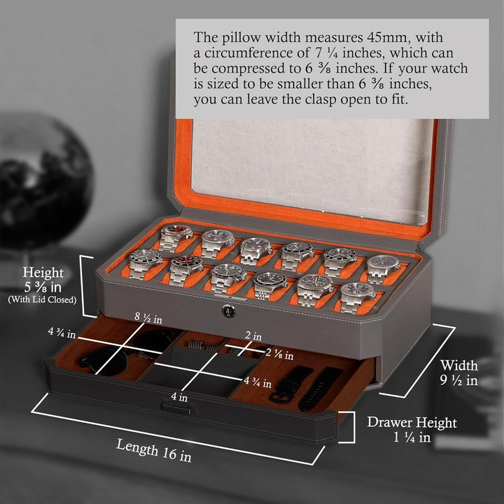 ROTHWELL 12 Slot Leather Watch Box with Valet Drawer - 12 Slot Luxury Watch Case Display Organizer,