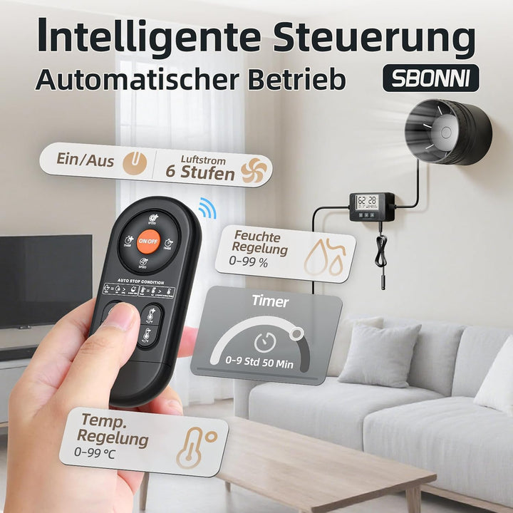 Rohrlüfter 100mm mit Feuchtigkeitssensor Temperatursensor Timer Automatische Belüftung, 95-310m³/h 6