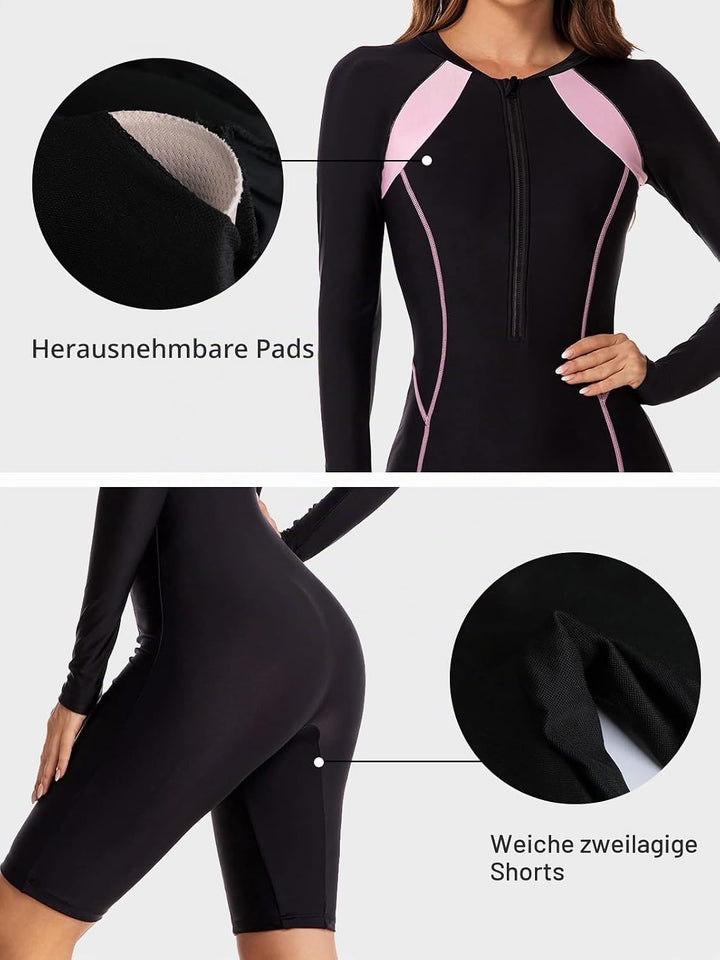 Ecupper Damen Badeanzug Einteiler Rash Guard Zip Up Lange Ärmel Surfen Bademode Gebaut in BH Badeanz