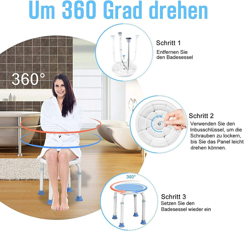 YRHome Badhocker Duschstuhl 360°Drehbarer Duschhocker Höhenverstellbar Duschhilfe Anti-Rutsch Badsit