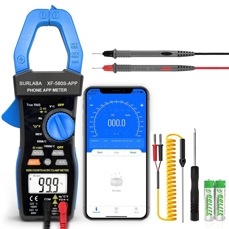 Bluetooth Strommesszange, AC DC Digital Clamp Meter 6000Count TRMS, NCV Voltmeter Amperemeter Ohmmet