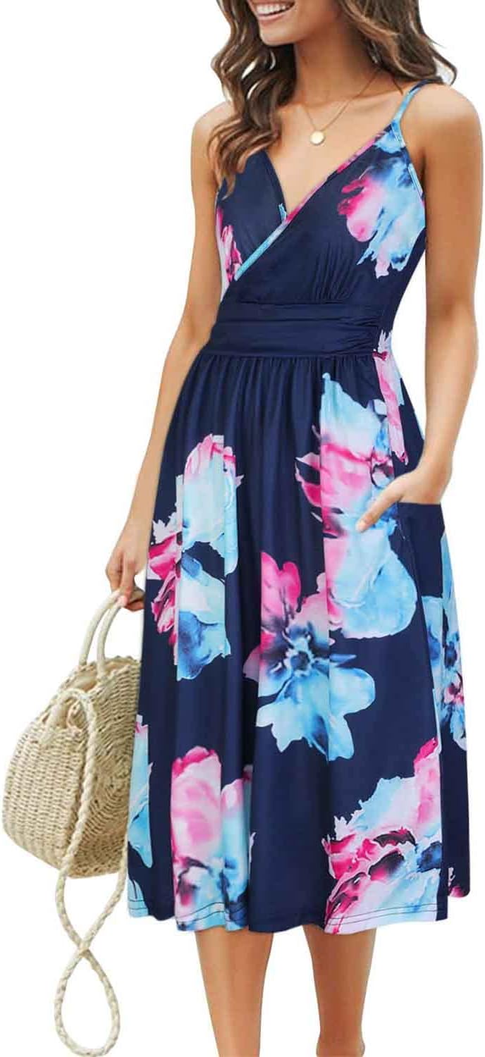 OUGES Kleid Damen Spaghettiträger Sommer Kleider Knielang V-Ausschnitt Strandkleid mit Taschen S Flo