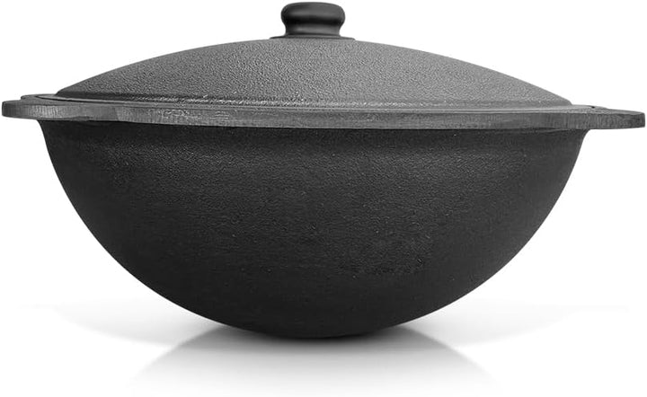 Gusseisen Kazan 16 L Uzbekisch mit Aluminiumdeckel, 44-47 cm, Holzlöffel: 1 Stk., Schaumlöffel für P