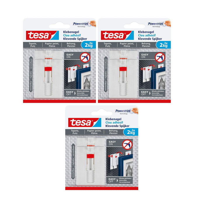 tesa Verstellbarer Klebenagel (für Tapeten und Putz 2 kg, Höhenverstellbarer, selbstklebender Wandna