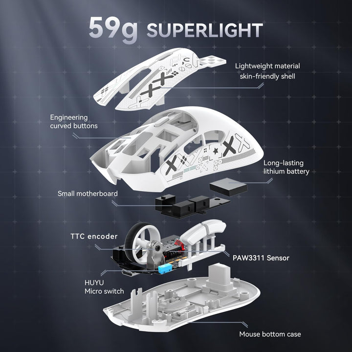 ATTACK SHARK R1 59g Superlight Maus mit Klebeband, PixArt PAW3311 Gaming-Sensor, BT/2,4G kabellose/k