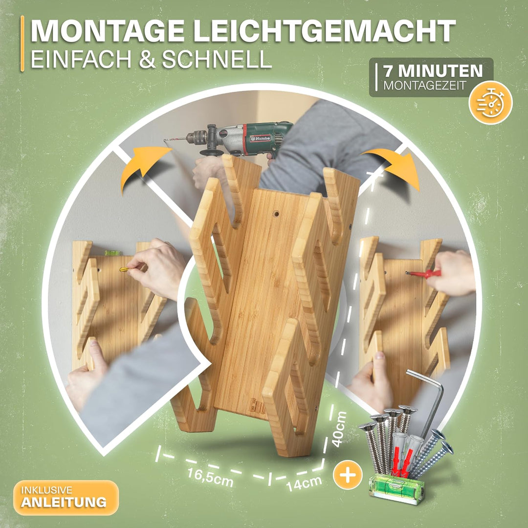 CRID Doppel Skateboard Wandhalterung aus Bambus - Universal Halterung für Skateboard, Longboard, Sno