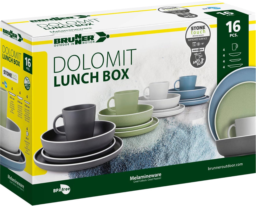 BRUNNER Melamin Geschirr Set Lunch Box Dolomit Stone Touch Camping Teller 16tlg Standard, Standard