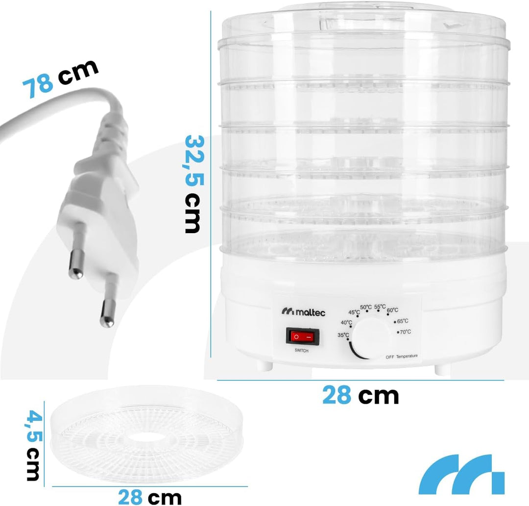 Maltec Dörrautomat Dörrgerät mit 5 Einlegefächer, Lebensmitteltrockner 35-70°C, 24h-Timer, Obsttrock